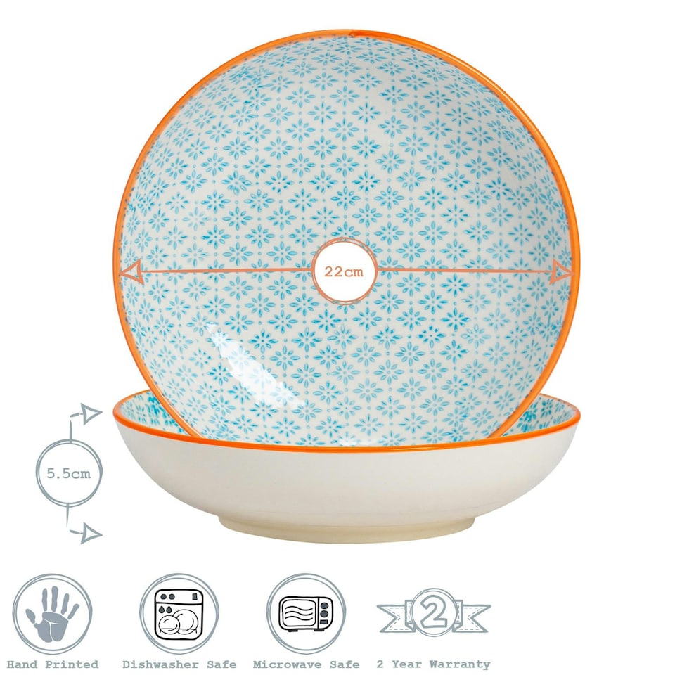 image 1 of Nicola Spring Hand-Printed Pasta Bowls - 22cm - Blue - Pack of 6 Blue