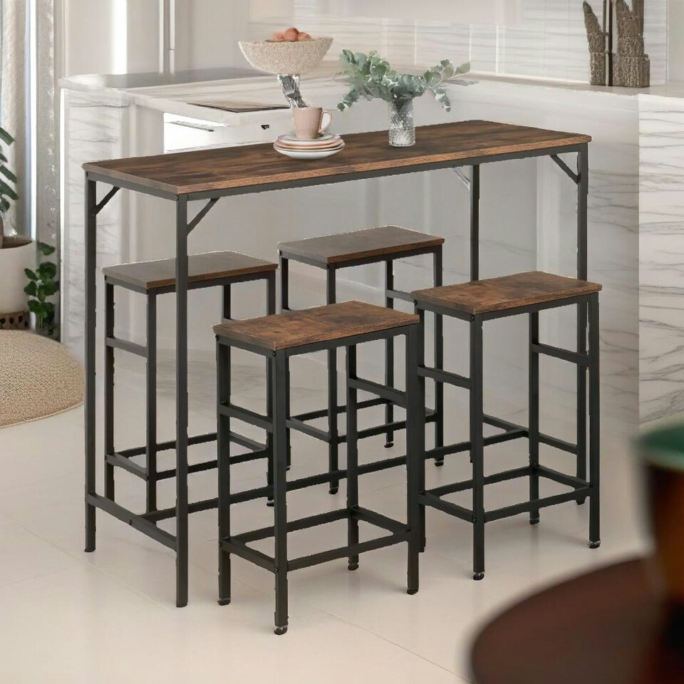 image 1 of Industrial Dining Table And 4 Stools Set Rustic Brown Brown