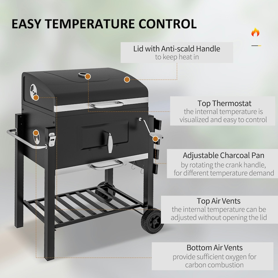 image 1 of Outsunny Charcoal Grill BBQ Trolley Wheels Shelf Side Thermometer Steel Black