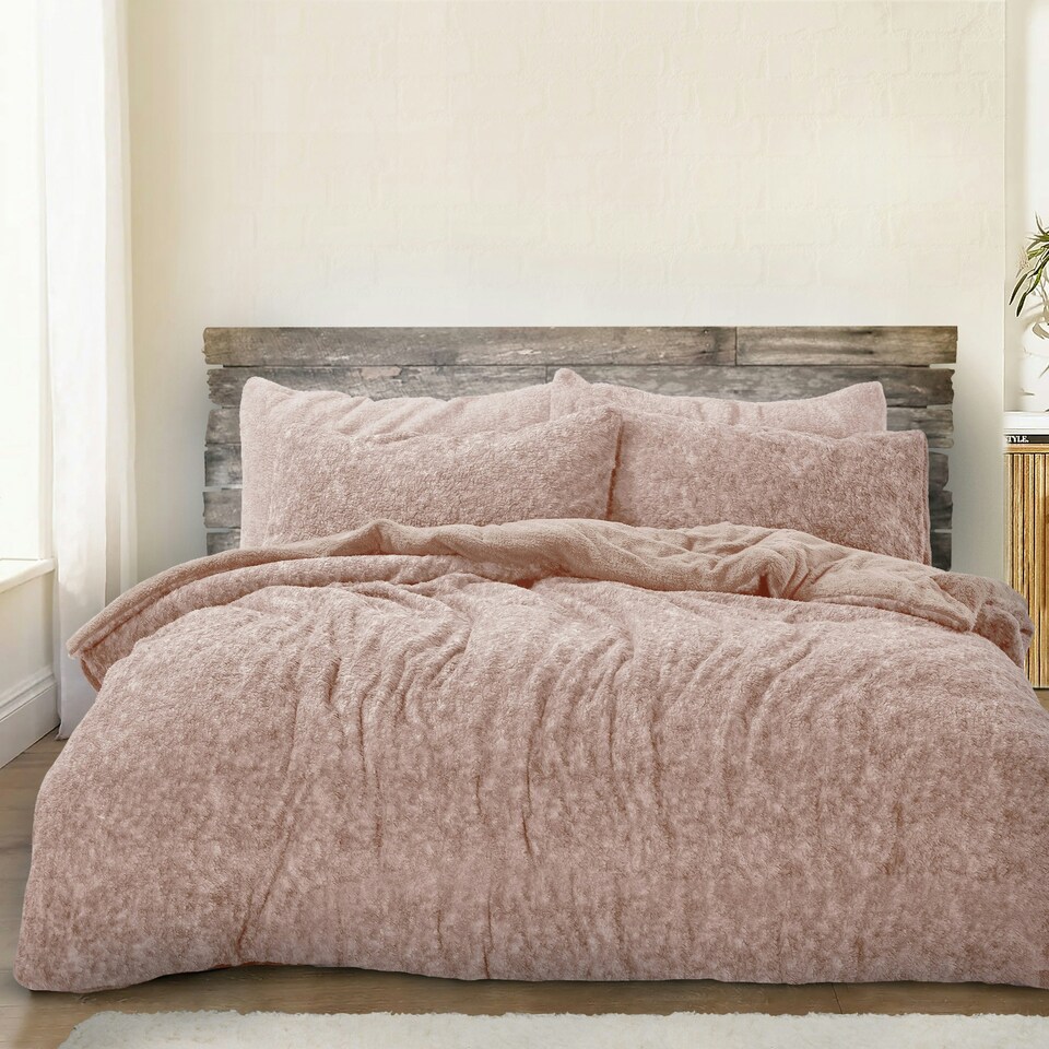 image 1 of Velosso Teddy Marl Fluffy and Warm Fleece Duvet Cover Set Pink | Blush | Double