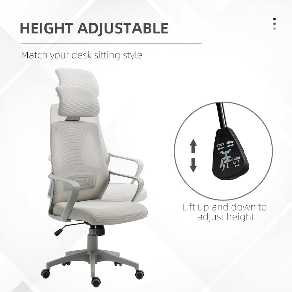 image 1 of Vinsetto Ergonomic Office Chair, High Back Computer Chair, Mesh Desk Chair with Lumbar Support, Headrest, Wheel, Adjustable Height, Grey