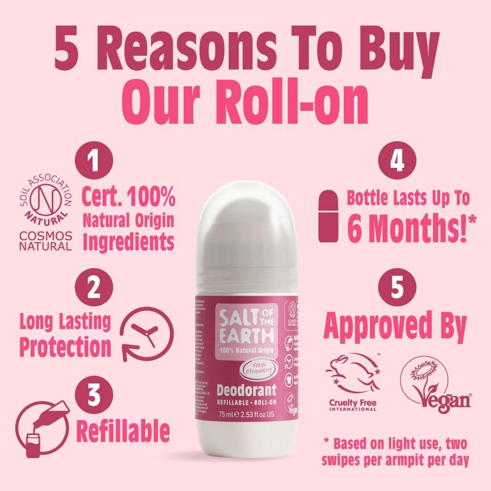 image 1 of Salt of the Earth Natural Refillable Roll On Deodorant Fresh Strawberry Natural Ingredients COSMOS Approved & Vegan 75ml | Red