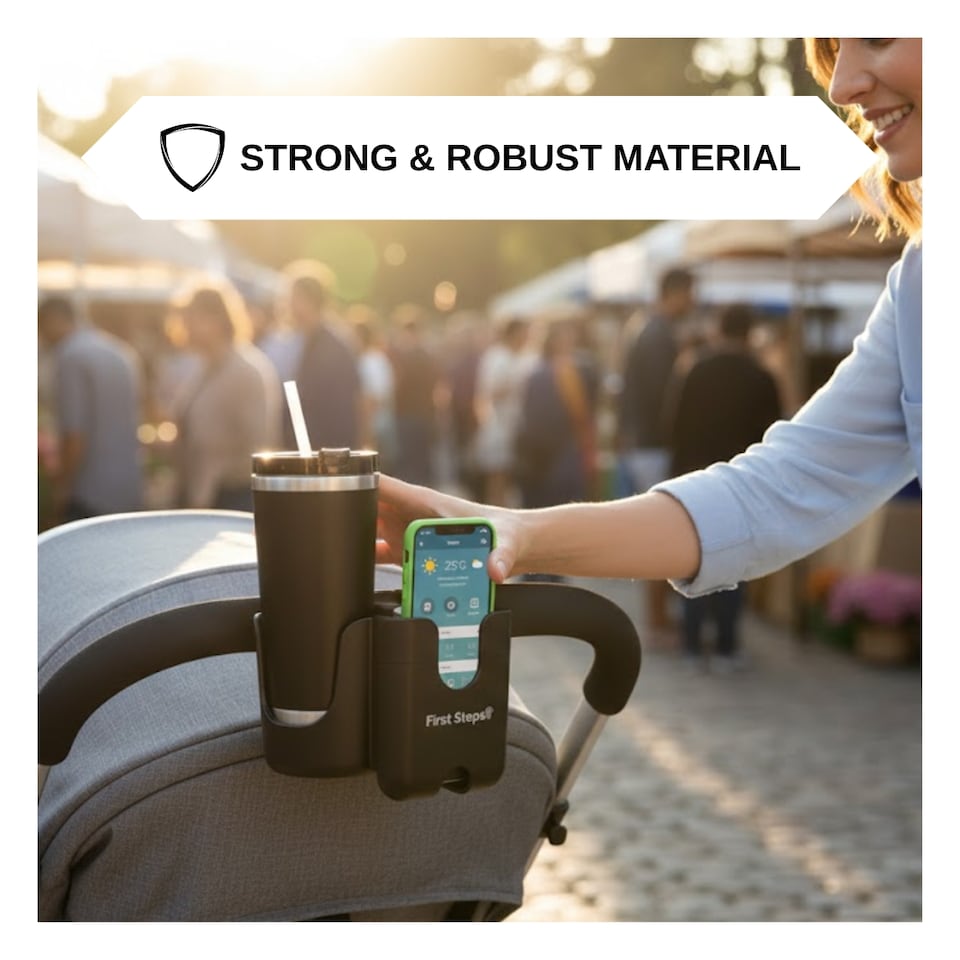 image 1 of Pram Phone & Cup Holder Bottles Hands Free Stroller Accessory Adjustable Clamp