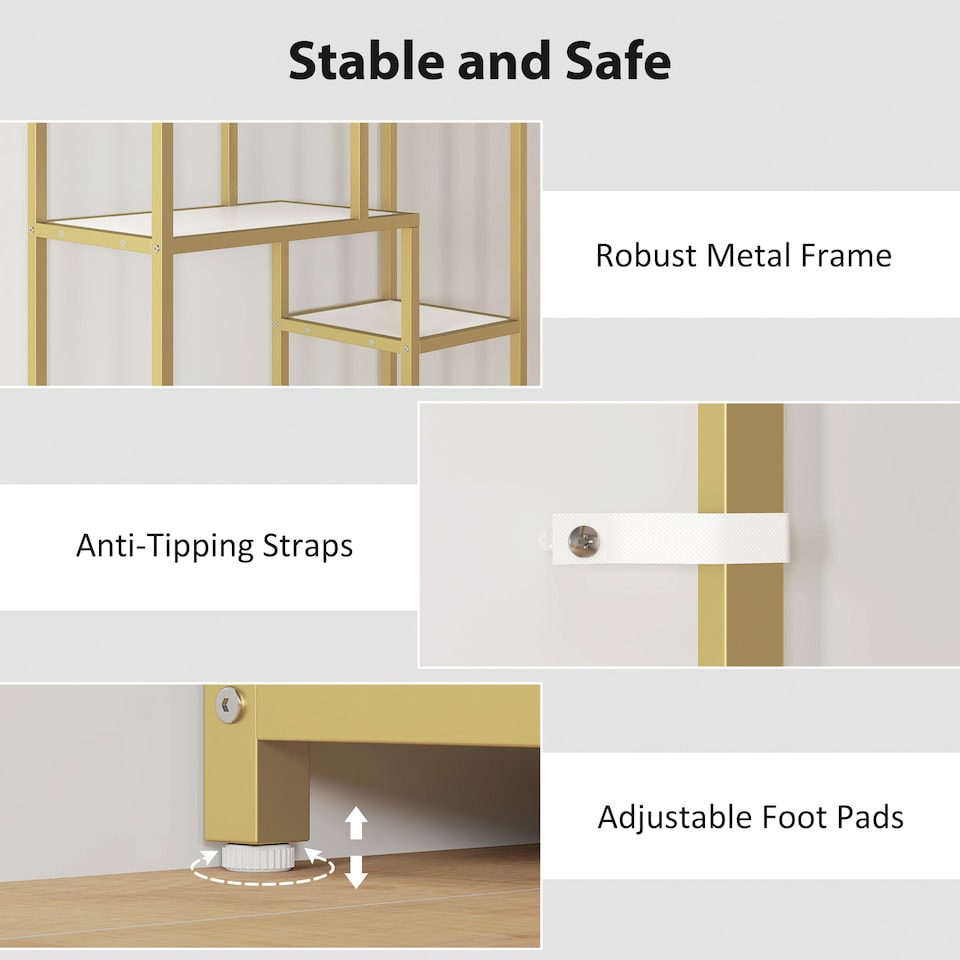 image 1 of HOMCOM 7-Tier Bookshelf, Geometric Bookcase, Industrial Floor Standing Book Shelf, Open Display Shelving Unit for Living Room, Home Office and Bedroom, White and Gold Tone | White | White and Gold Tone