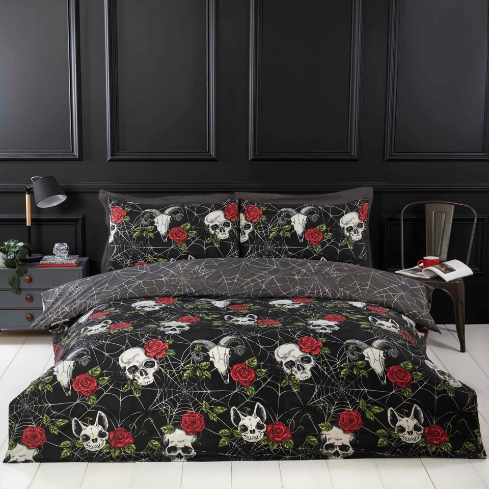 image 1 of Skulls & Roses Microfibre Duvet Set with Pillowcase | Multi | King | 1