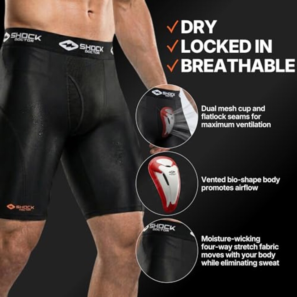 image 1 of Shock Doctor 221 Short Compression With Bioflex Cup - Athletic Support With Comfort And Compression For Maximum Range Of Motion - Adult (One Pair Shorts & Athletic Cup) Black