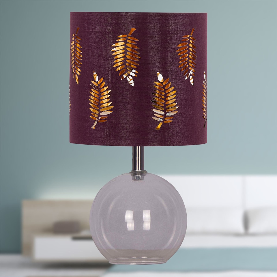 image 1 of Set of 2 Buck - Clear Glass Globe Table Lamps with Burgundy Shade