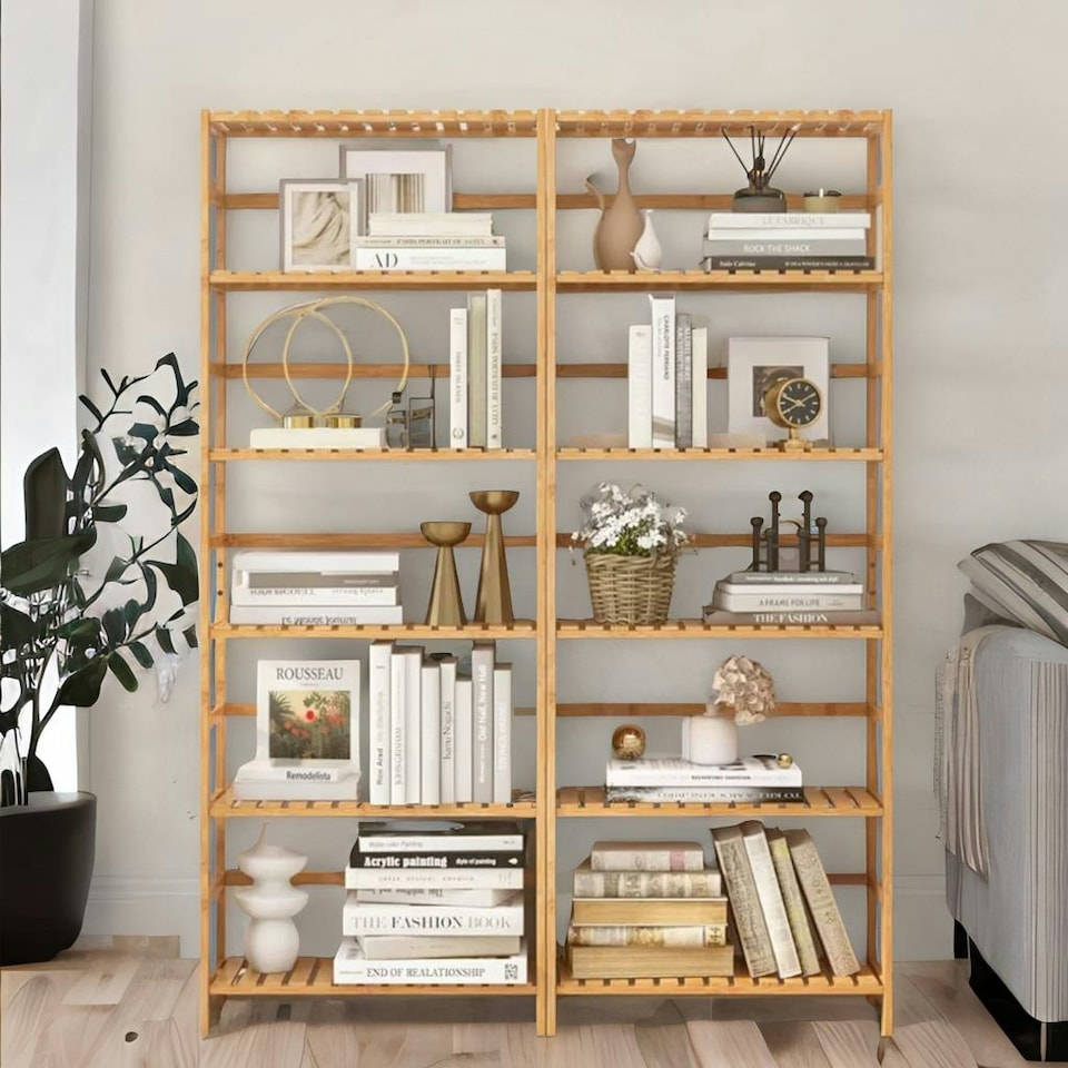 image 1 of 6 Tier Wooden Storage Rack With Adjustable Shelves Natural Brown Brown | One Size