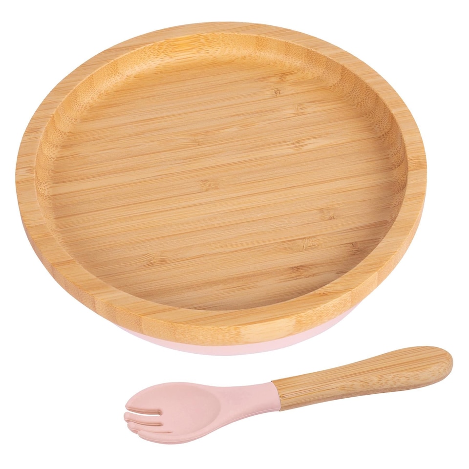 image 1 of Tiny Dining Bamboo Round Baby Weaning Plate & Fork Set - Pastel Pink