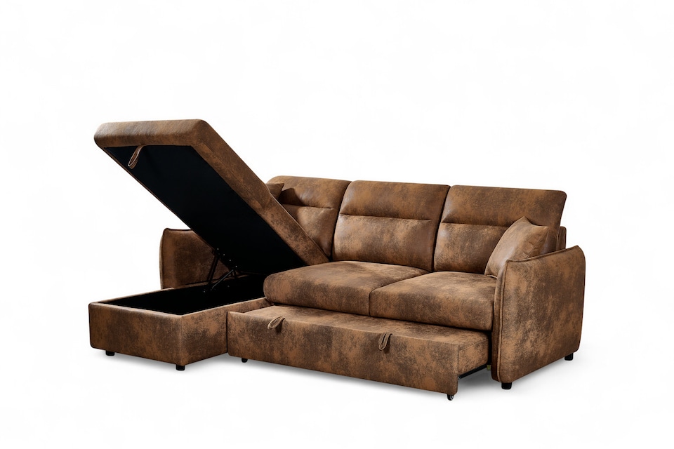 image 1 of Faux Leather Suede Brown 1C2 Corner Sofabed with Storage ARCHIE