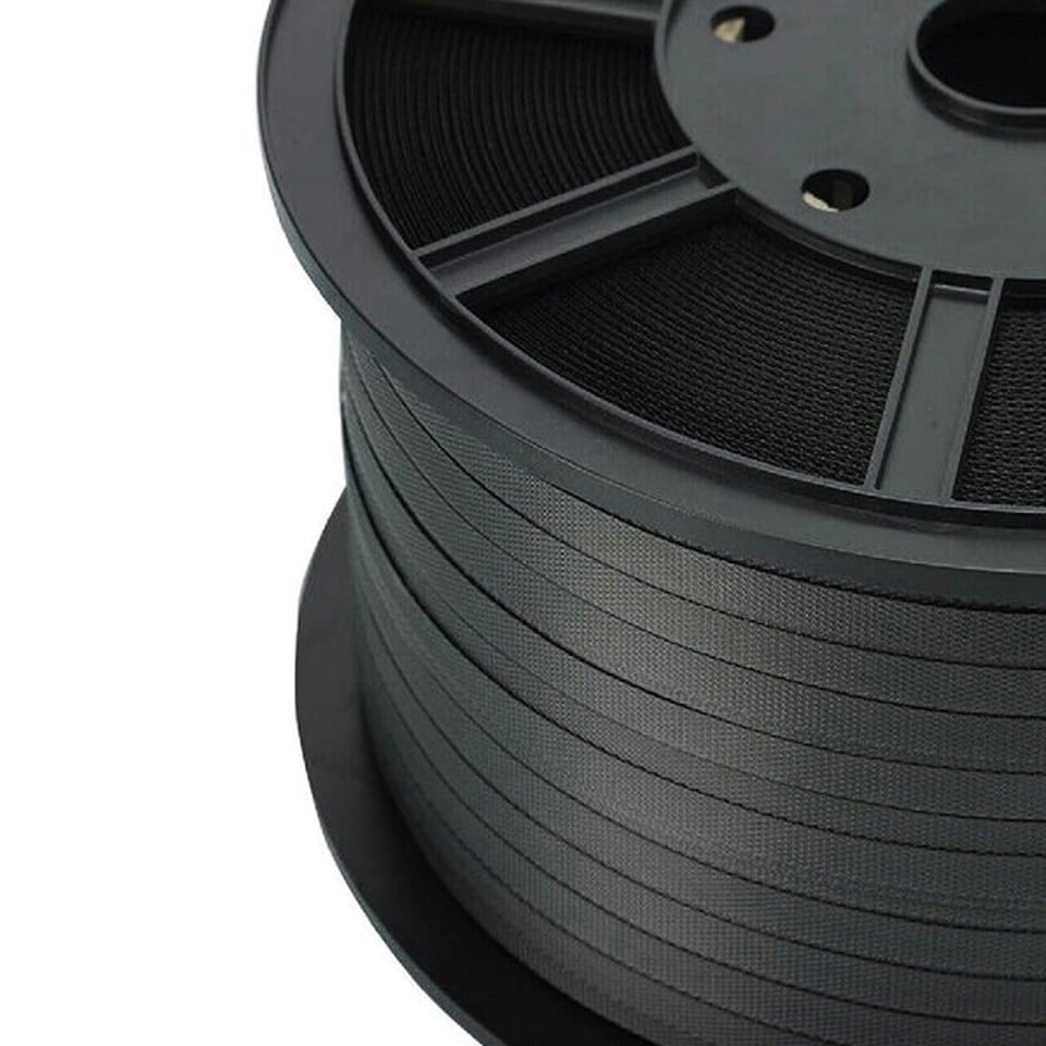 image 1 of 1 Coil of 12mm Wide 1000 Metres Per Coil 310kg Brake Strength Polypropylene Black Plastic Hand Pallet Strapping Coil
