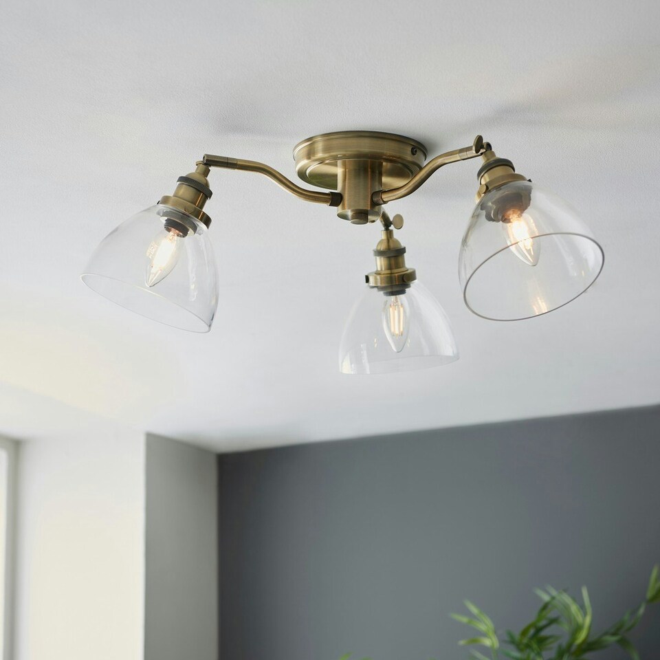 image 1 of Hansen Multi Arm Glass Semi Flush Ceiling Lamp, Antique Brass Plate, Glass