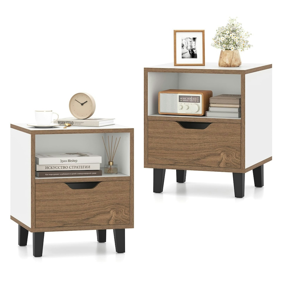 image 1 of COSTWAY 2Pcs Nightstand Bedside Table w/ Shelf White | White