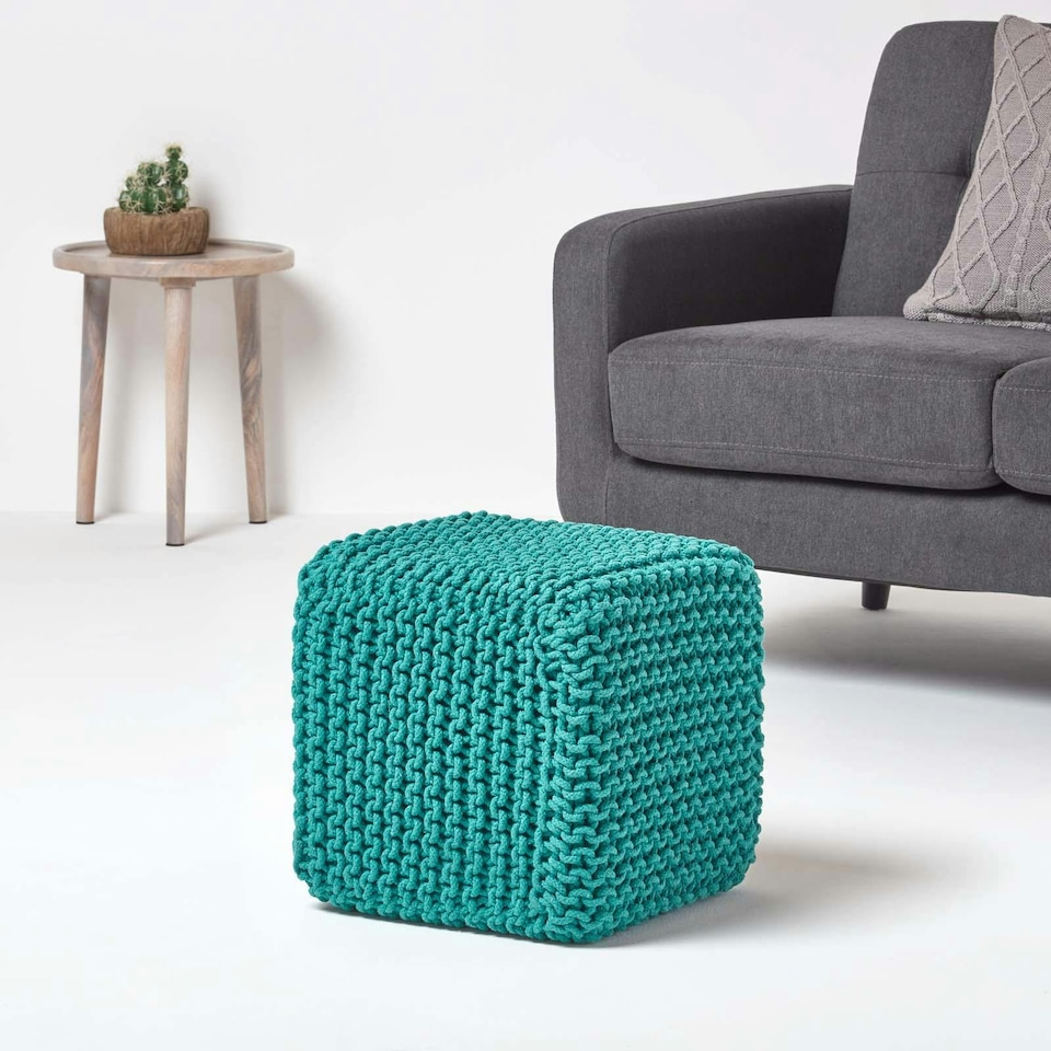 image 1 of Homescapes Teal Green Cube Cotton Knitted Pouffe Footstool