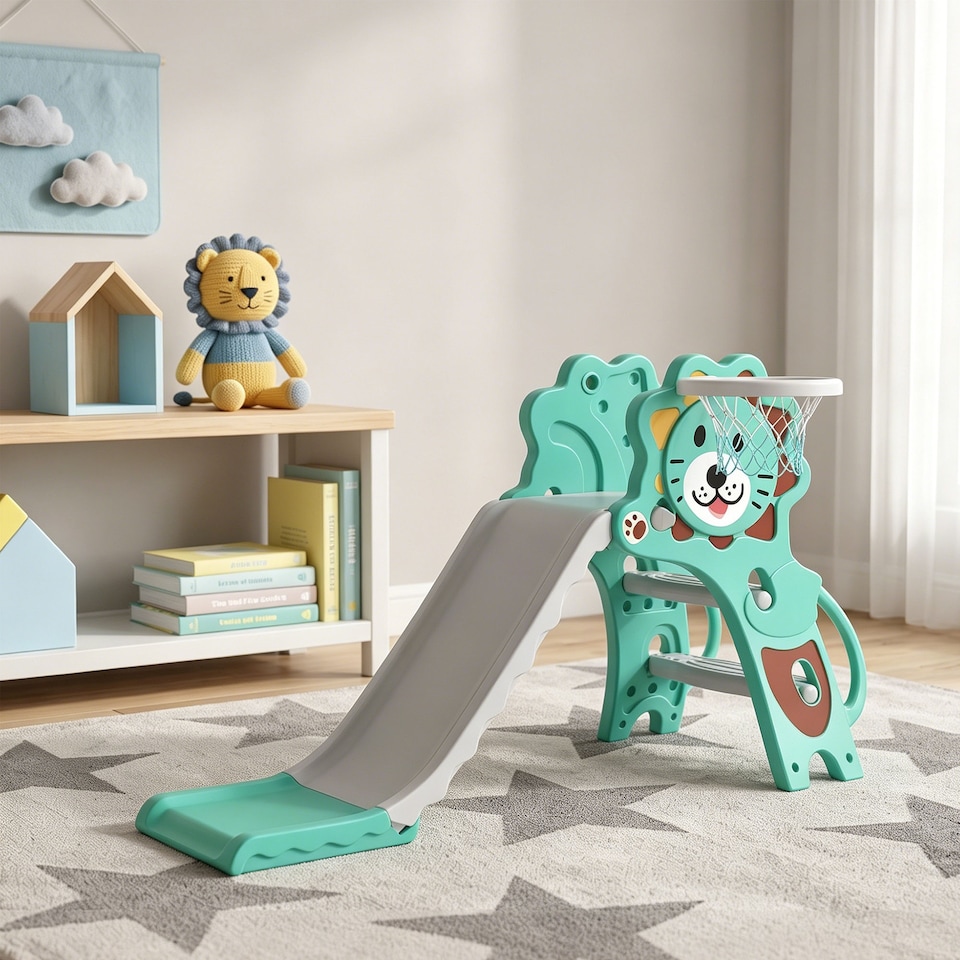 image 1 of AIYAPLAY 3 in 1 Kids Slide for Indoor with Basketball Hoop - Blue