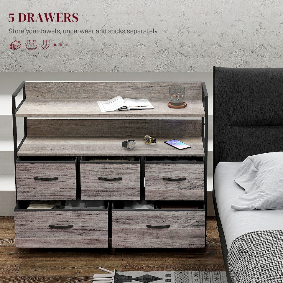 image 1 of HOMCOM Bedroom Chest of Drawers, Fabric Dresser with 5 Drawers, Storage Organiser Unit with Open Shelves and Metal Frame for Living Room, Entryway, Grey Wood Effect