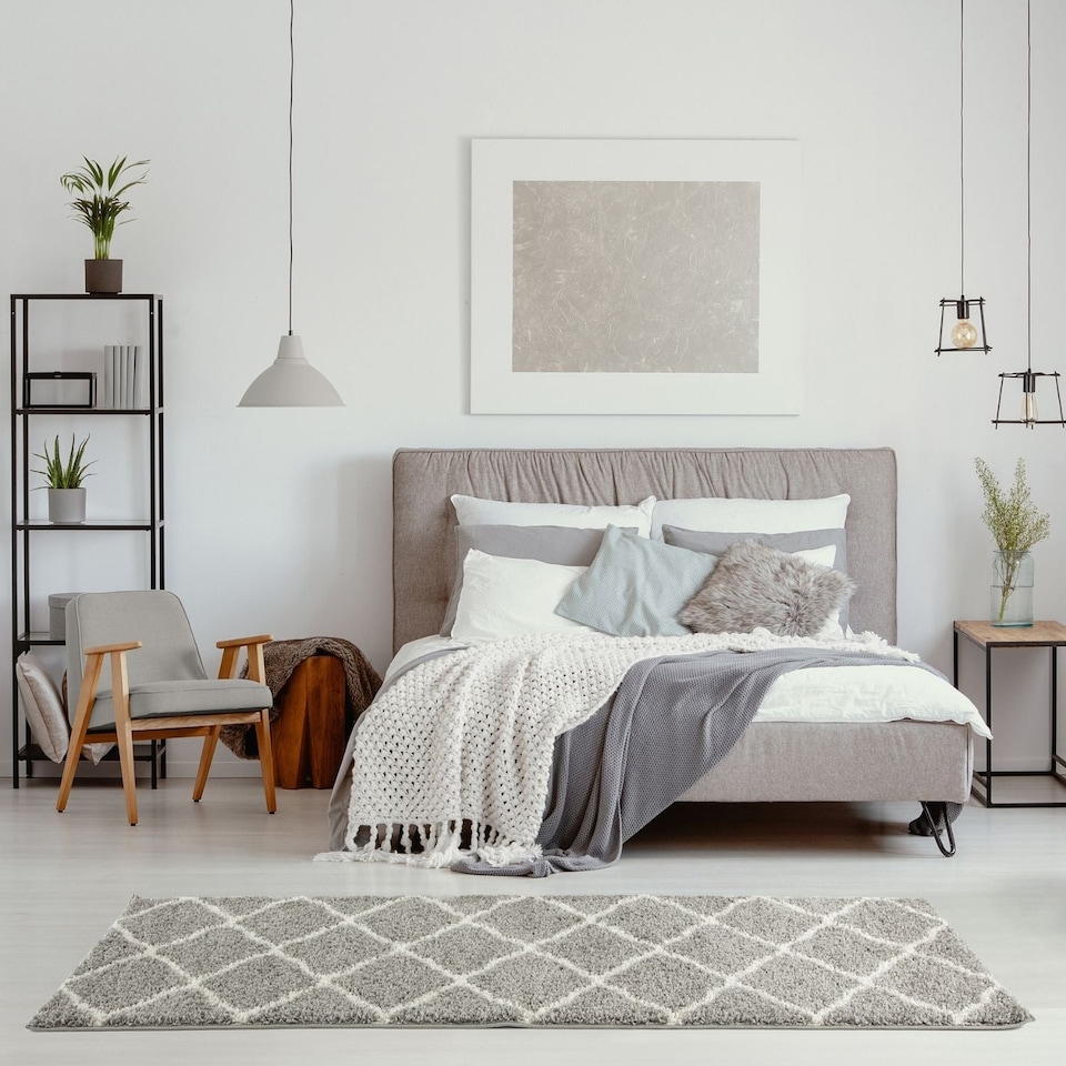 image 1 of The Rugs Moroccan Collection Soft High Pile Shaggy Lattice Floor Rugs and Runners Living Room
