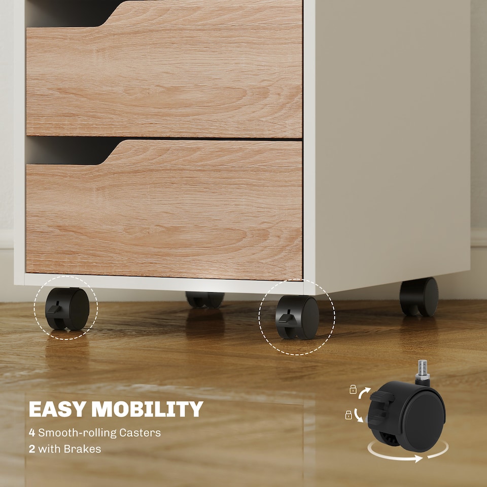 image 1 of HOMCOM 3 Drawer Mobile File Cabinet, Vertical Filing Cabinet with Wheels for Home Office, Oak