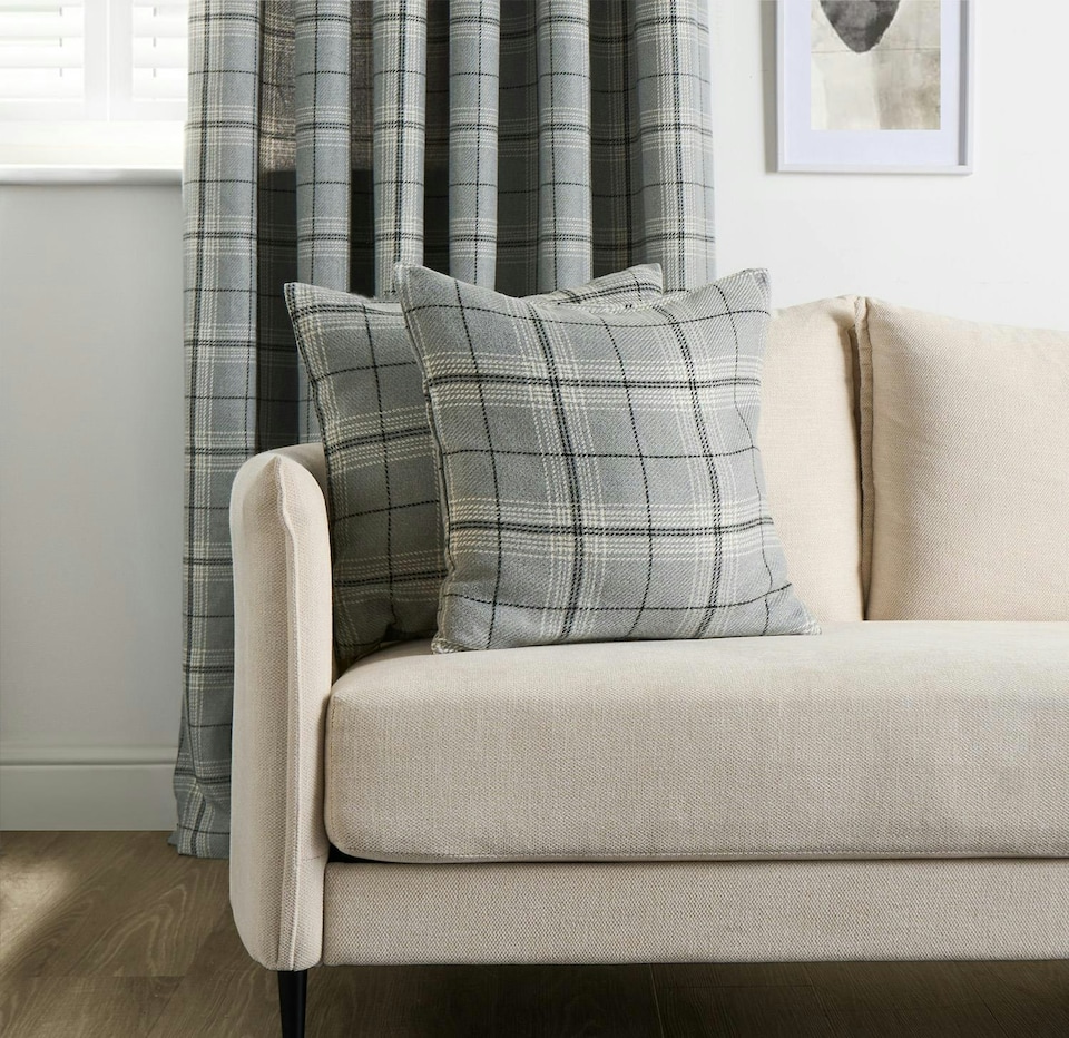 image 1 of OHS 2 x Decorative Woven Check Printed Filled Cushions, 45x45cm - Grey