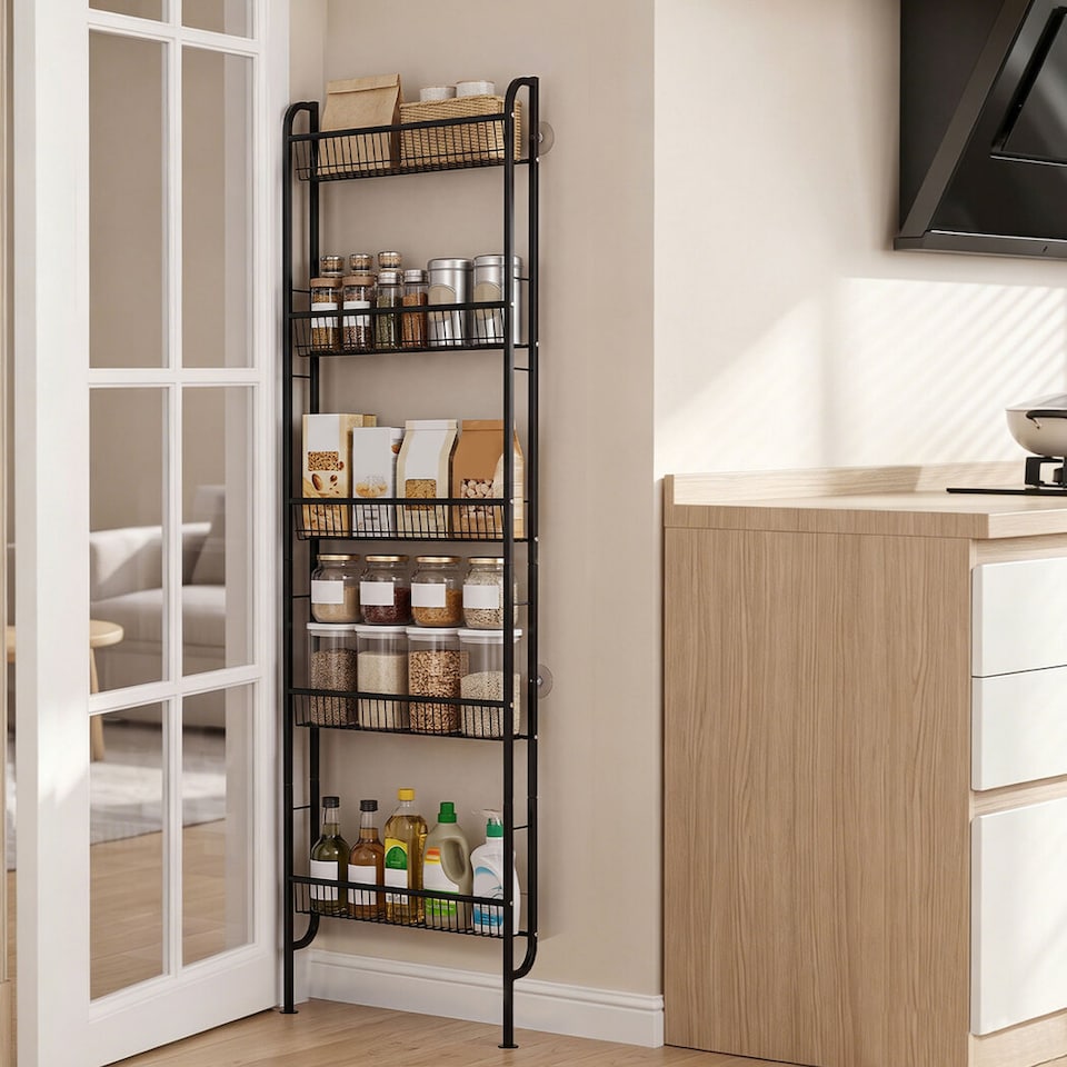 image 1 of Levede Behind Door Storage Organiser Narrow 5-Tier Bathroom Shelves,Steel,Black