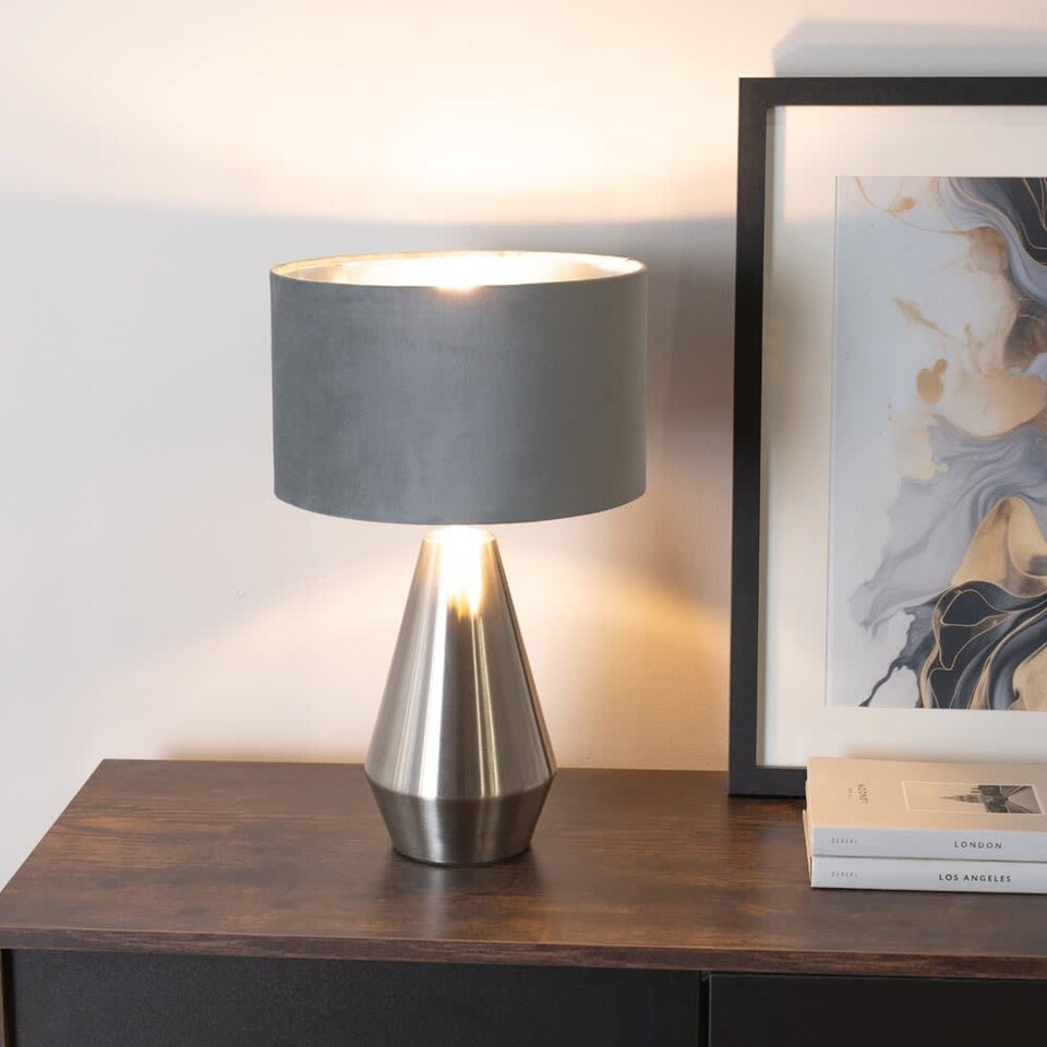 image 1 of ValueLights Jax Brushed Chrome Touch Table Lamp Grey Velvet Chrome Shade and Bulb