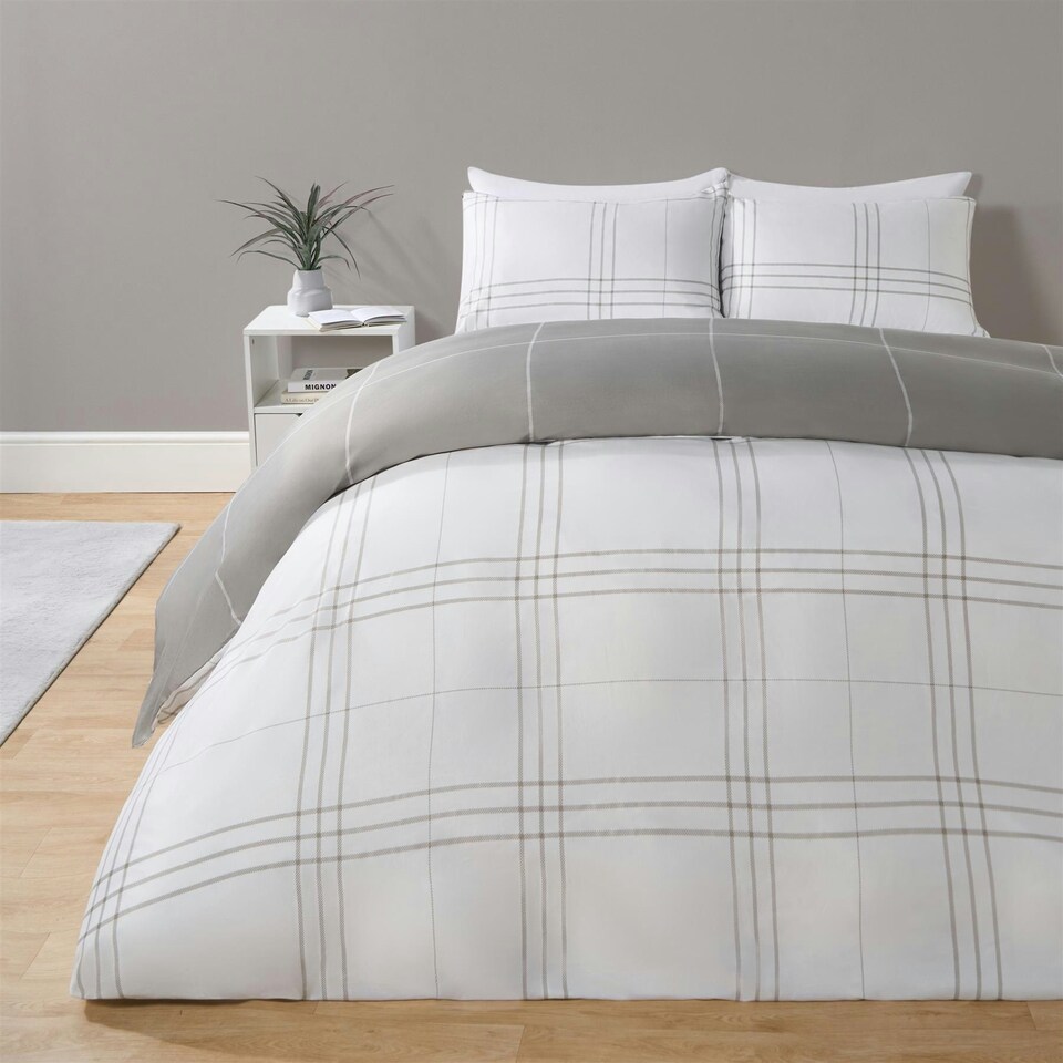 image 1 of OHS Grid Check Reversible Print Soft Duvet Cover Bedding Set, King - Grey/White Multi | Grey and White | King