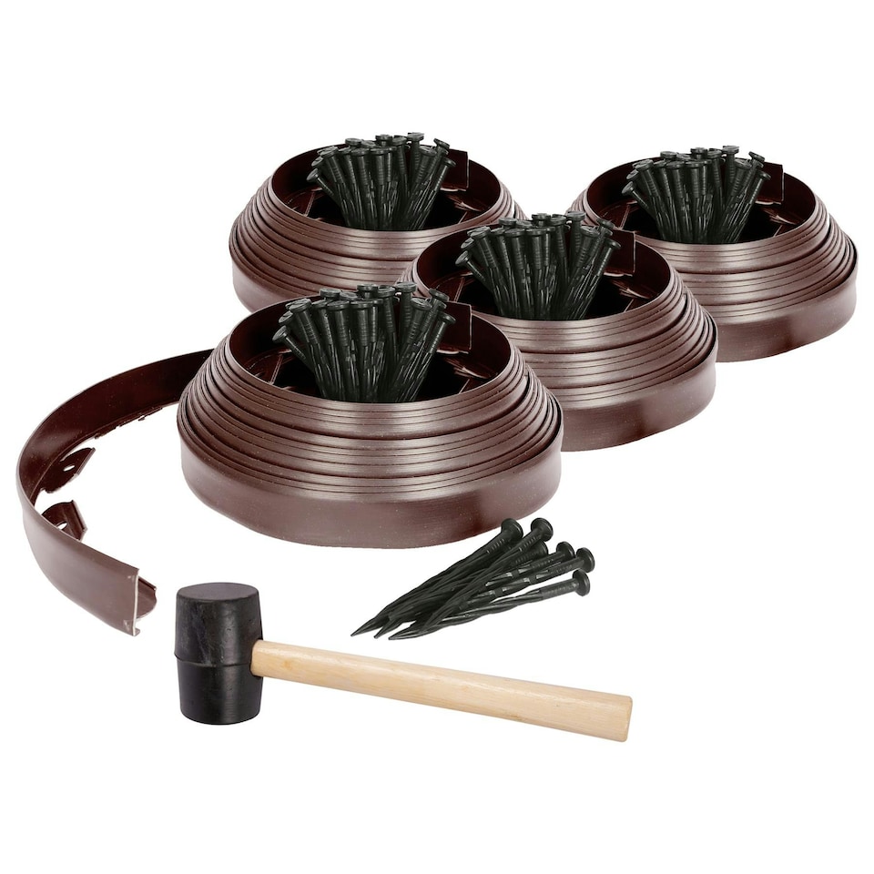 image 1 of Harbour Housewares Flexible Plastic Lawn Edging with 160 Pegs & Mallet - 40m x 4cm - Brown | Brown | 4