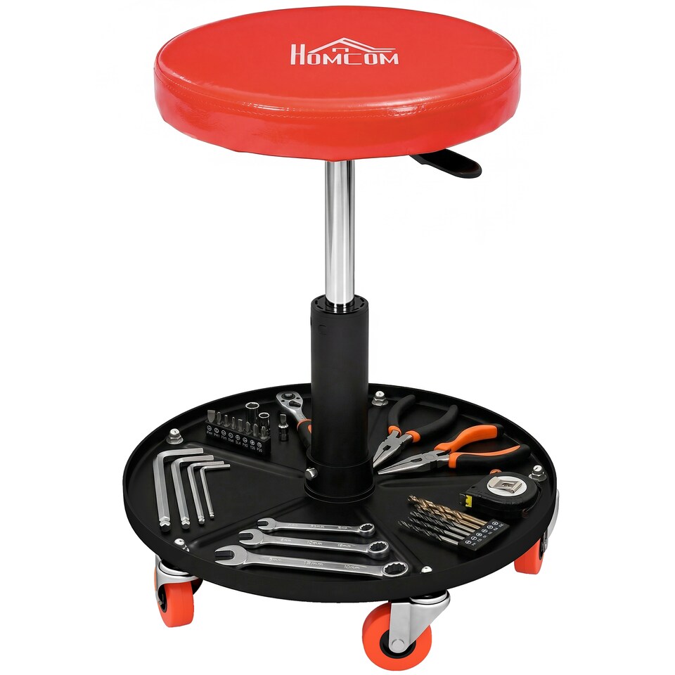 image 1 of HOMCOM Pneumatic Adjustable Mechanic Stool w/ Tool Tray, Wheels | Orange | Orange | Φ40 x 38-48H cm