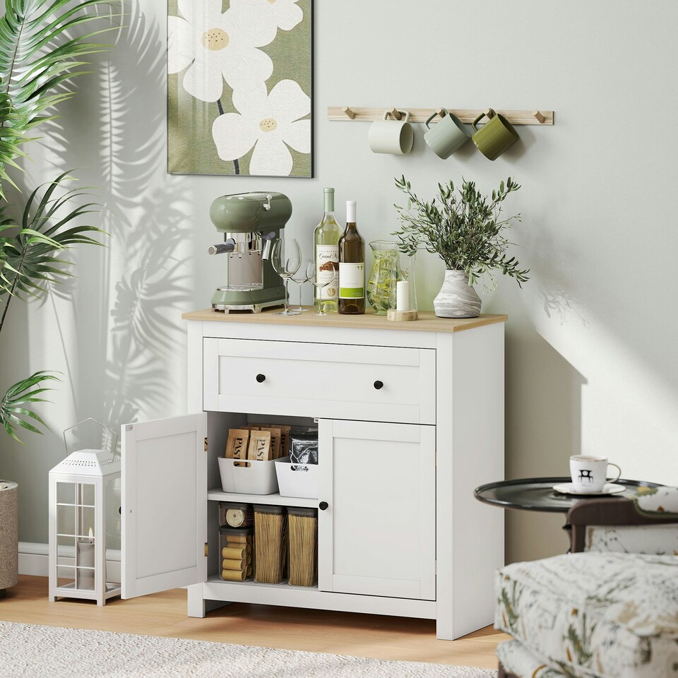 image 1 of HOMCOM Sideboard Storage Cabinet with Adjustable Shelf, Drawer, White White | Oak top, Black handles