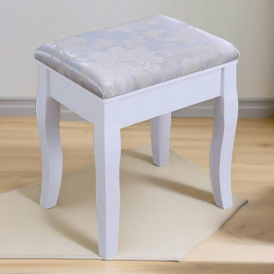 image 1 of 5 Drawer White Dressing Table With Round Mirror And Stool White