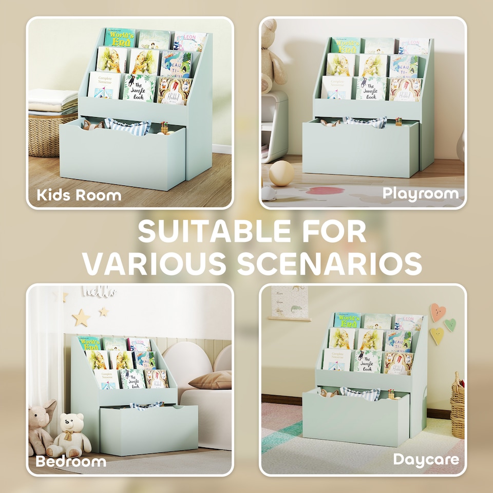 image 1 of AIYAPLAY Kids Bookcase w/ 3 Tier Shelves, Drawer, for Bedroom, Nursery, Green