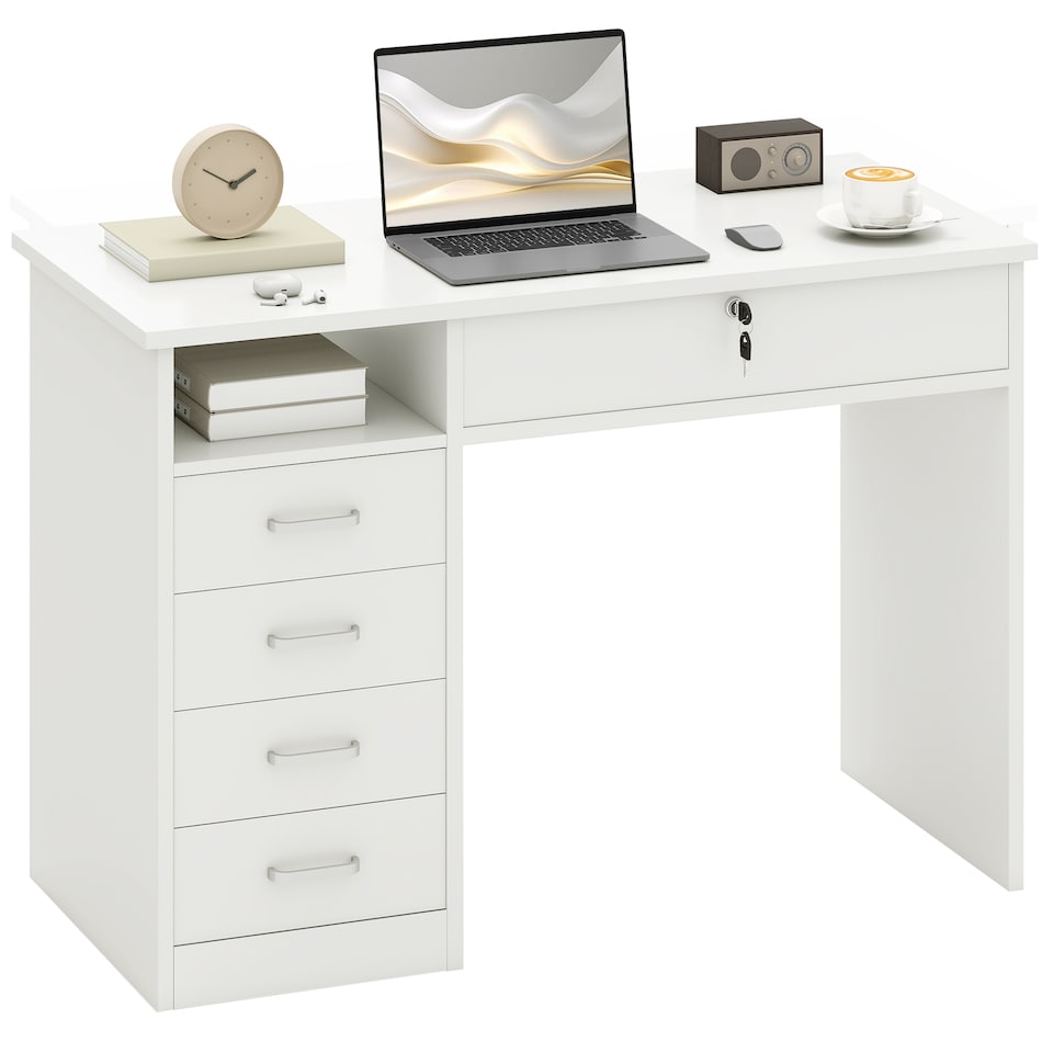 image 1 of HOMCOM Computer Desk, Home Office Desk with Lockable Drawer, Storage Shelf for Study Bedroom, 110 x 50 x 76 cm, White