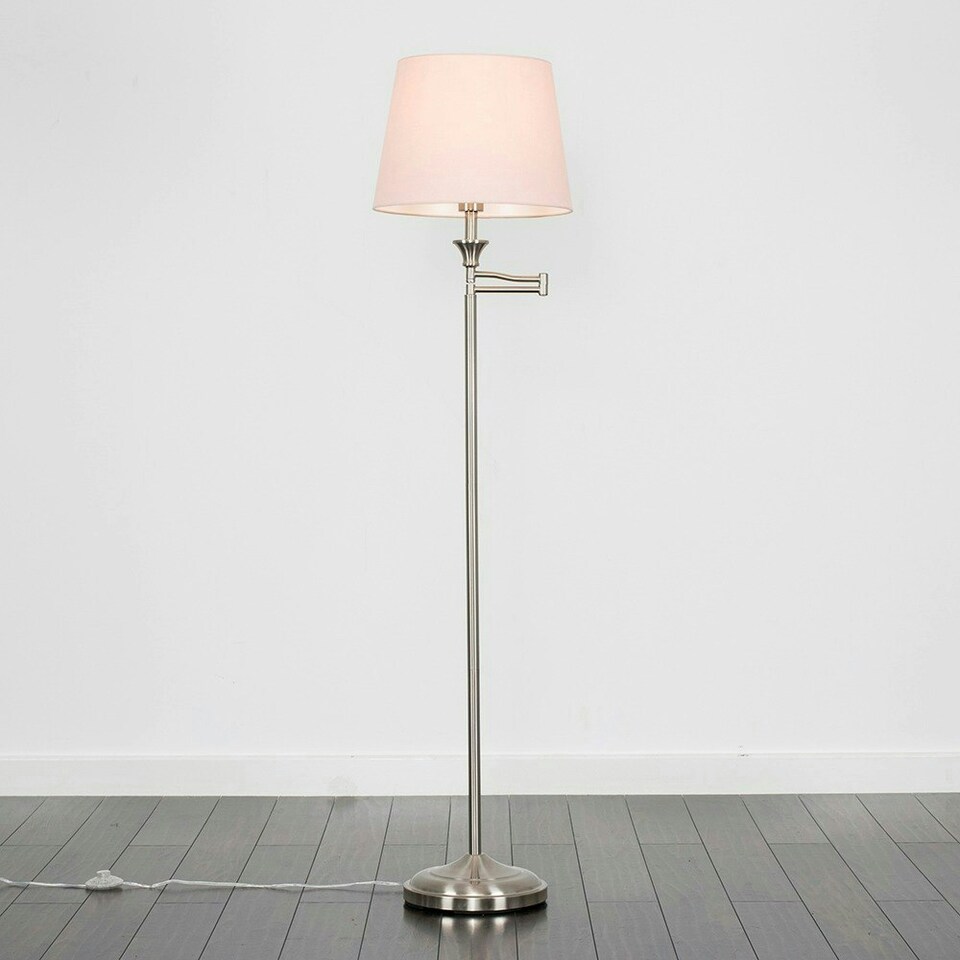 image 1 of ValueLights Sinatra Brushed Silver Floor Lamp with Medium Pink Tapered Shade and LED Bulb