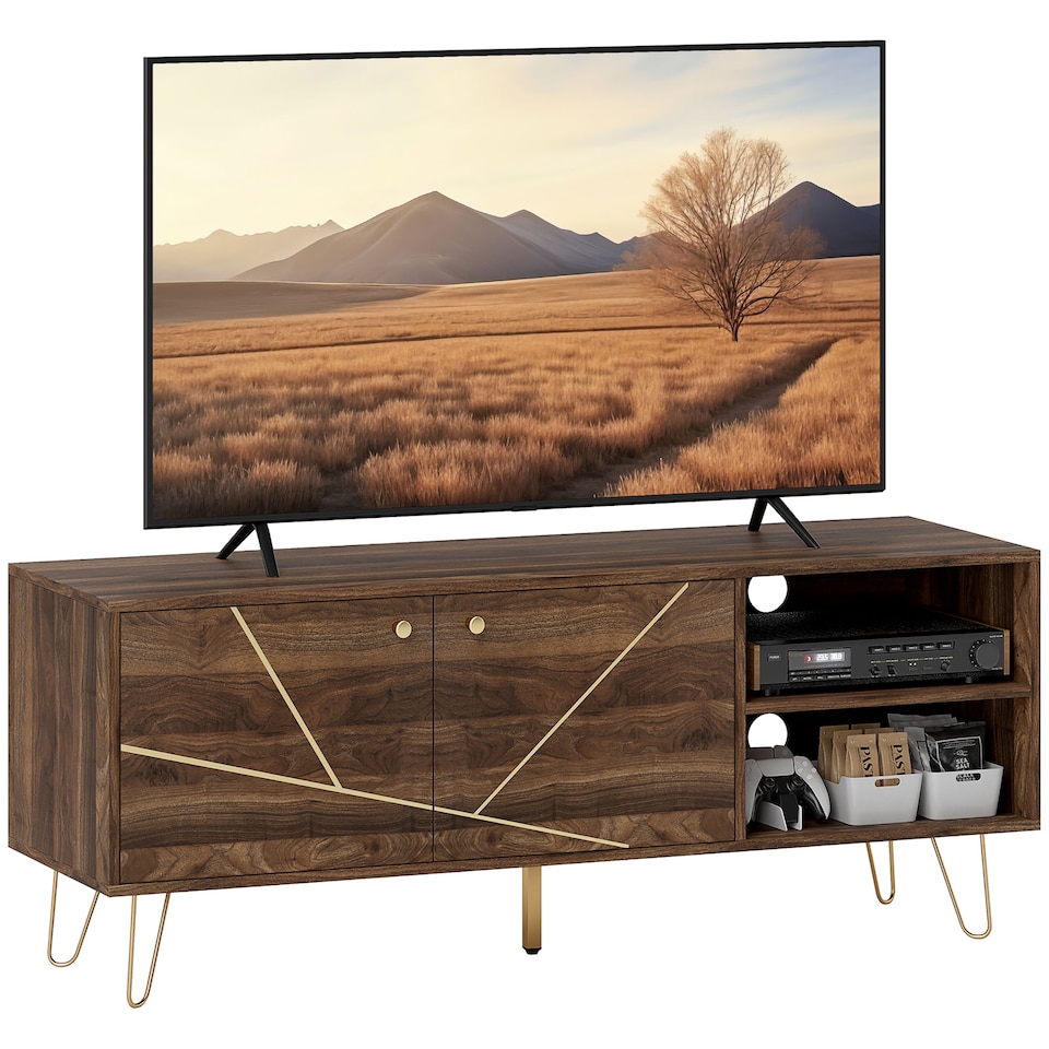 image 1 of HOMCOM TV Stand Cabinet for up to 60 Inch TV, Modern 130cm TV Unit with Adjustable Shelves and Hairpin Legs, Double Door TV Cabinet for Living Room, Bedroom, Brown | Brown | 1