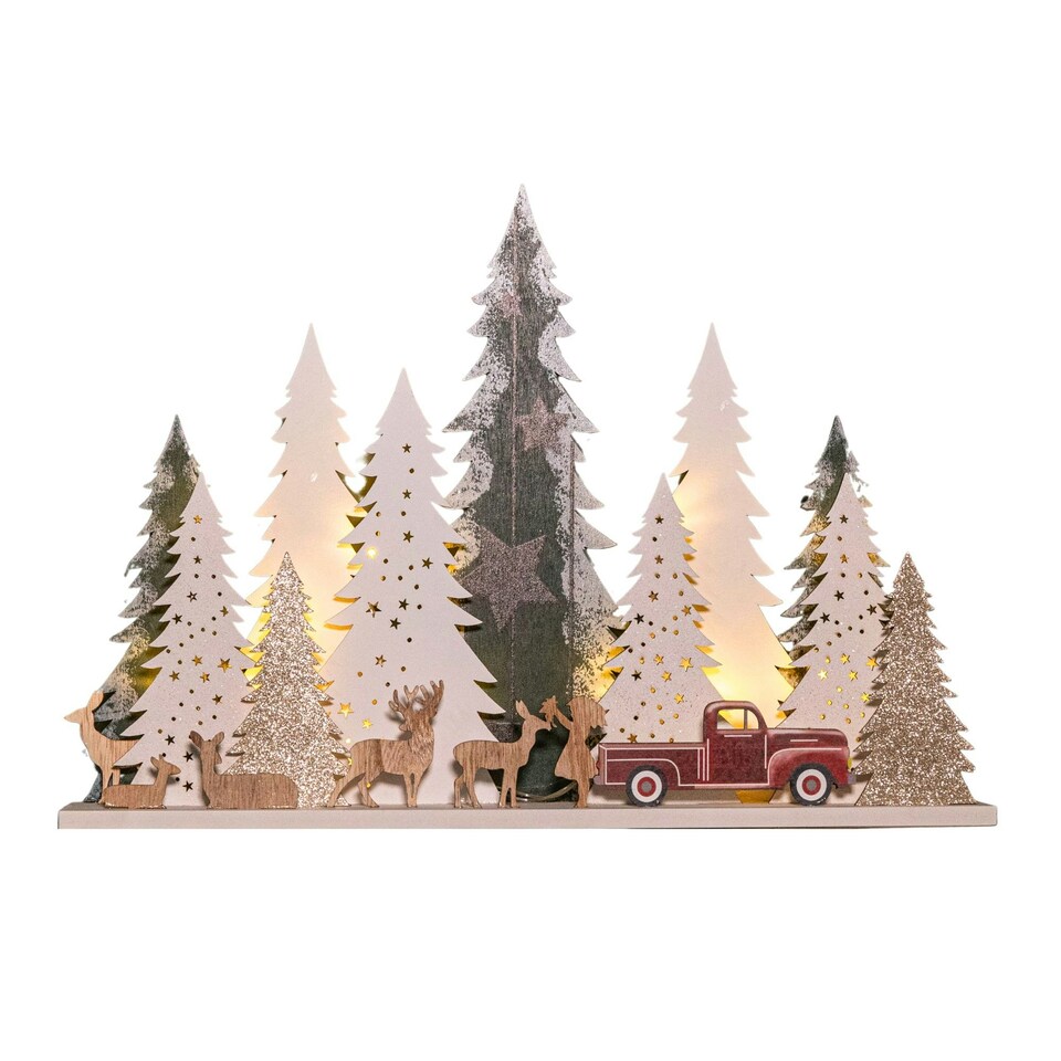 image 1 of 31cm Battery Operated Light up Wooden Christmas Tree with Deer and 15 Warm White LEDs