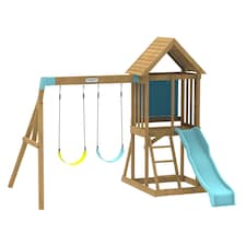 Teamson Kids Large Wooden Swing Set with Slide, Chalkboard, Sandpit and Swings, Garden Playset