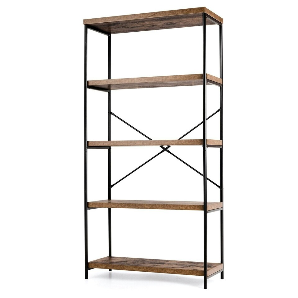 image 1 of COSTWAY 5-Tier Bookshelf Wood Bookcase Display Rack Brown Brown