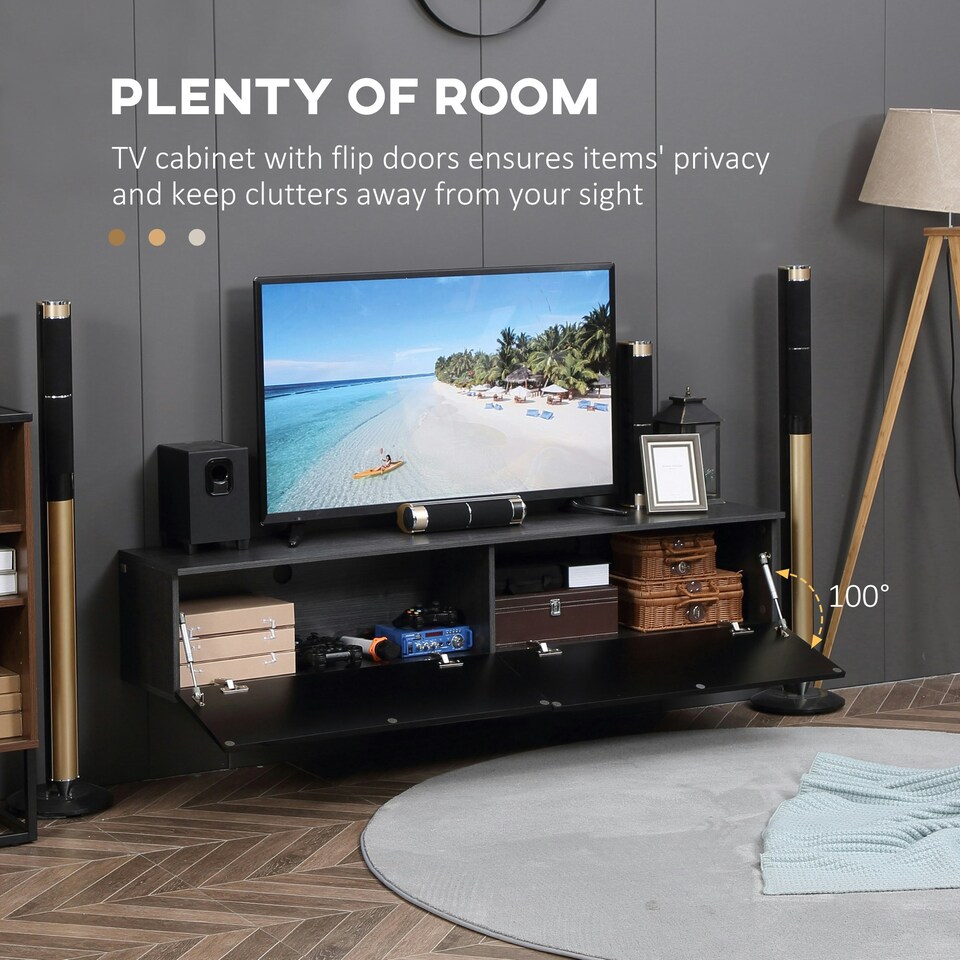 image 1 of HOMCOM Wall Mounted TV Stand Unit with Storage and High Gloss Effect, Black