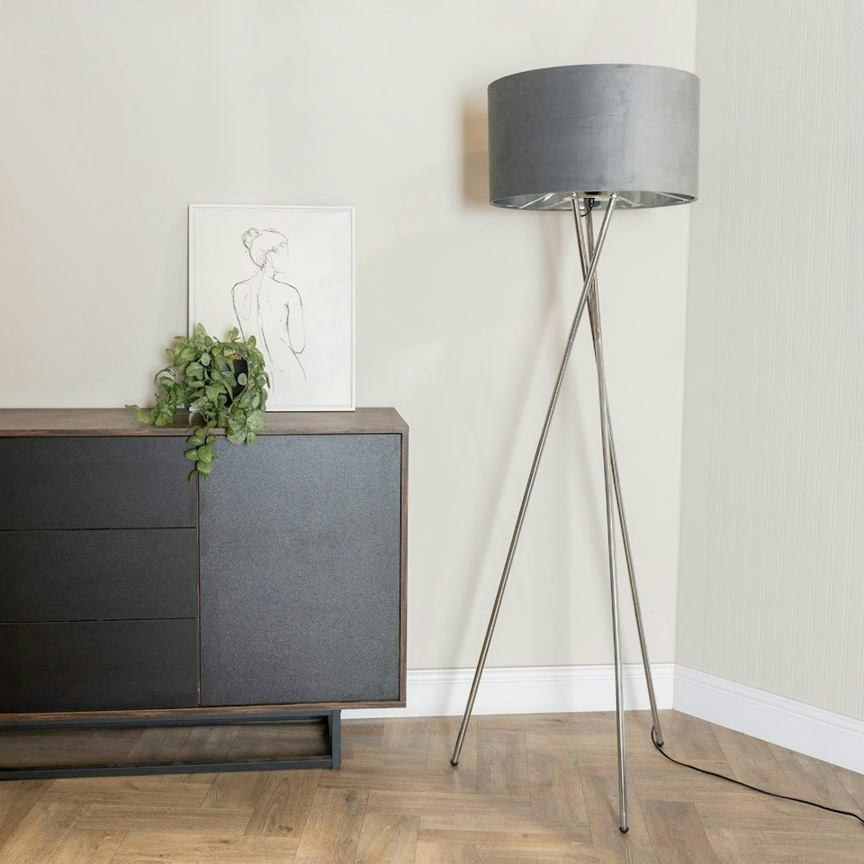image 1 of ValueLights Camden Chrome Tripod Floor Lamp and Grey Velvet Shade Grey