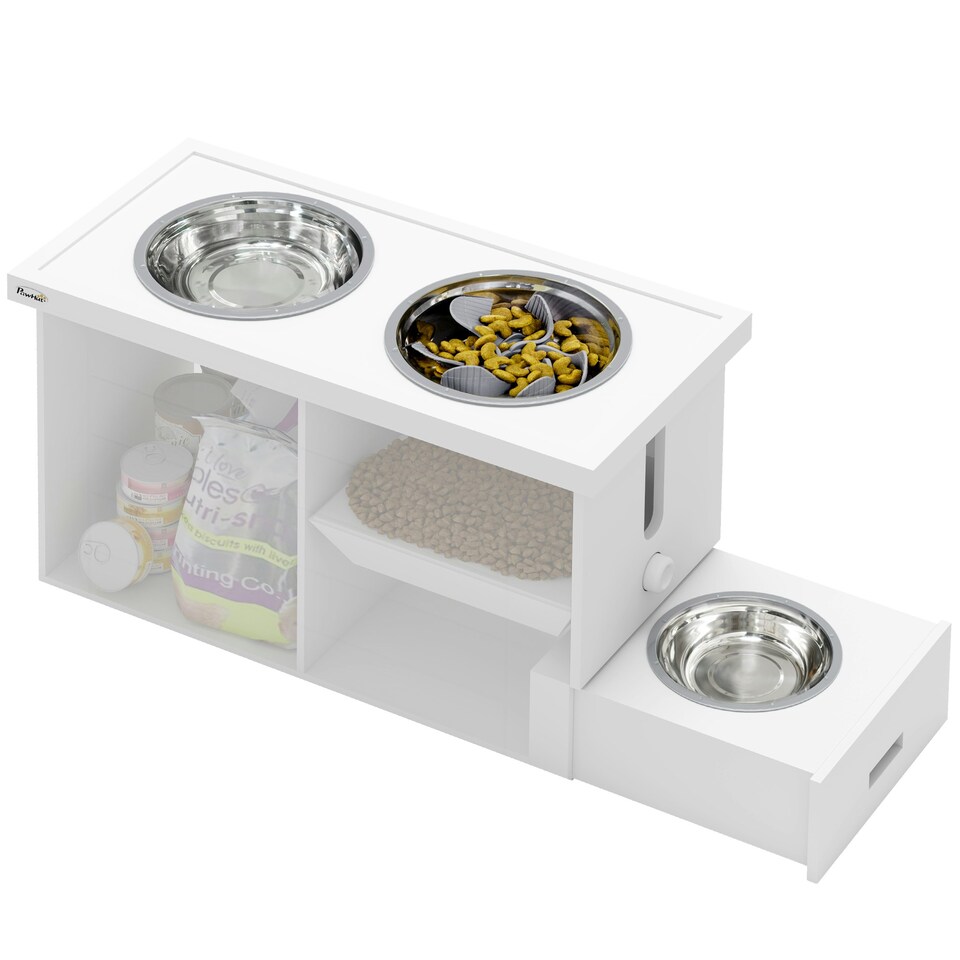 image 1 of PawHut Raised Dog Bowls with Slow Feeder Mat & Semi-Auto Dispenser Function White