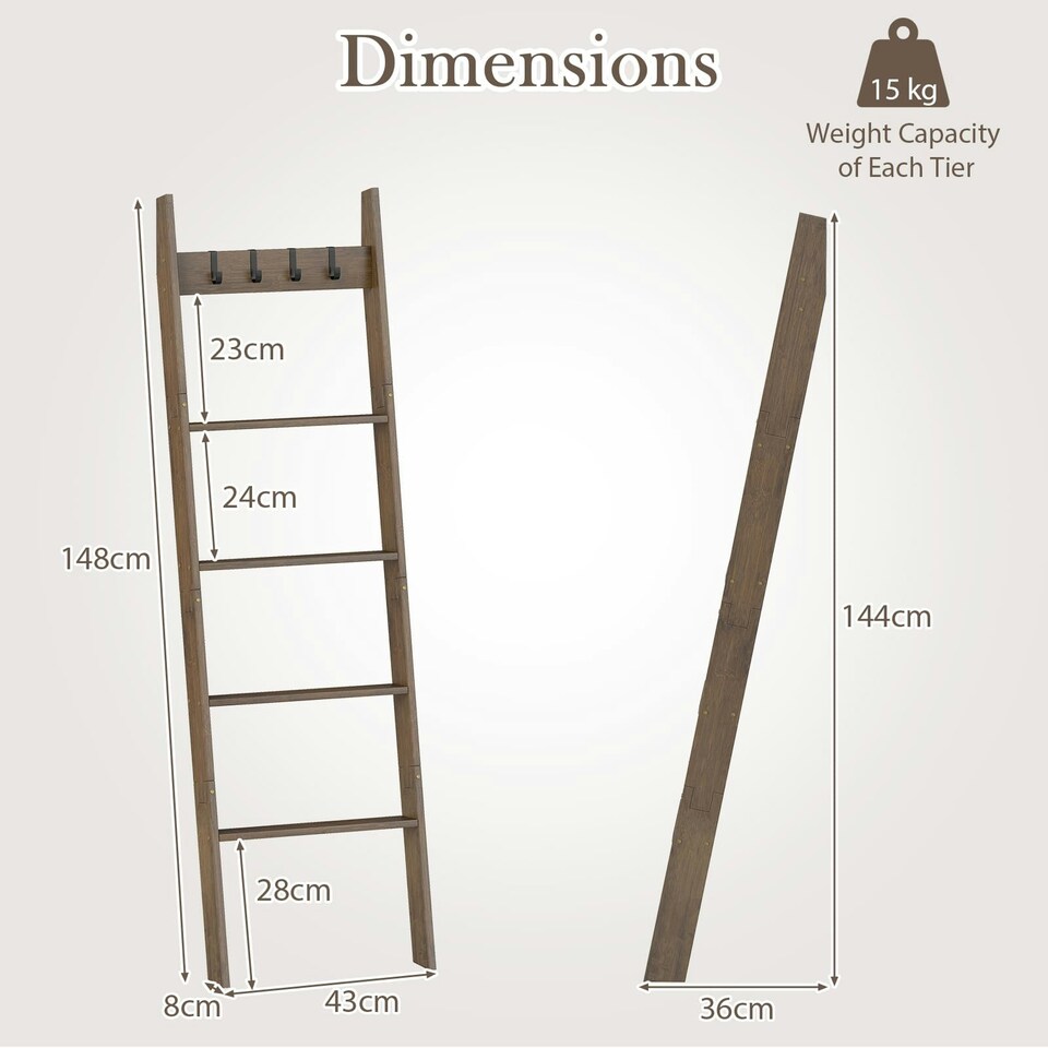 image 1 of COSTWAY Bamboo Blanket Ladder 5-Tier Ladder Shelf w/4 Removable Hooks-Brown Brown | One Size