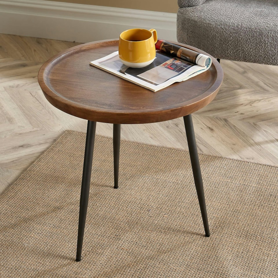 image 1 of Small Coffee Table Round Rustic Solid Mango Wood Living Room Furniture Unit Brown