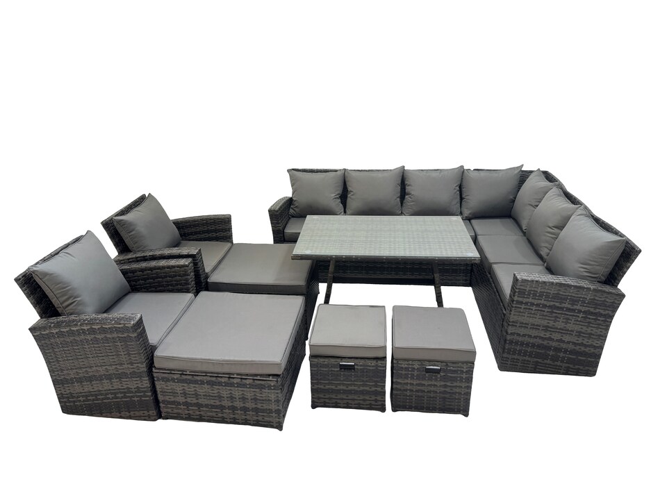 image 1 of Fimous 12 Seater Garden Outdoor Rattan Furniture Set Rattan Corner Sofa Oblong Dining Table with 2 Armchairs 4 Footstools Dark Grey