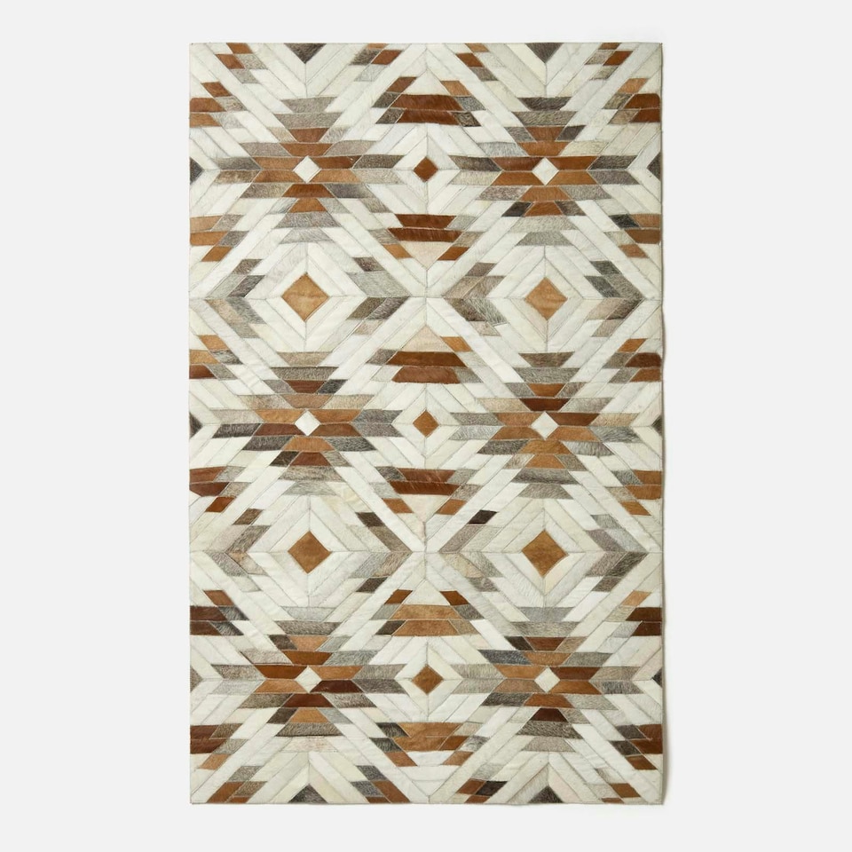 image 1 of Homescapes Cream and Brown Geometric Leather Rug - 90 x 150 cm Brown | 90 x 150 cm