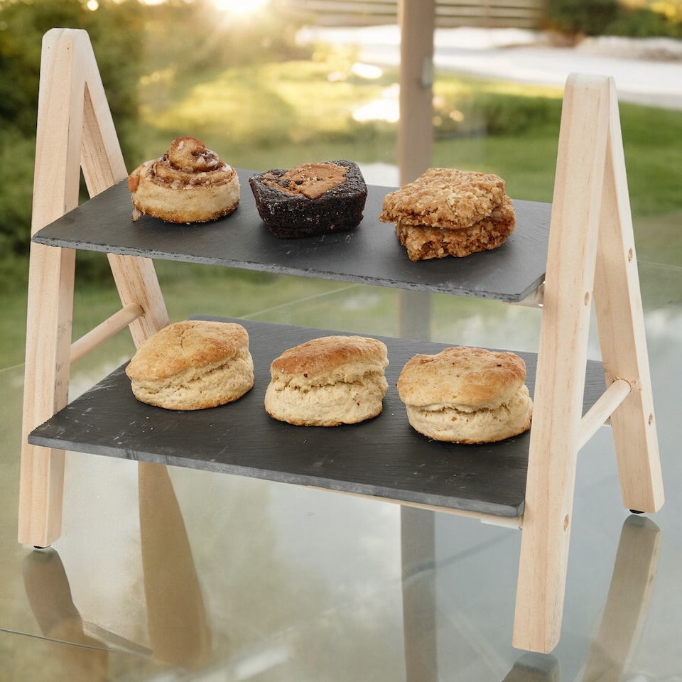 image 1 of 2-Tier Slate and Wood Snack Display Stand