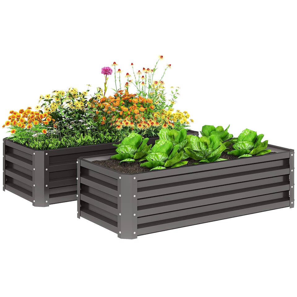 image 1 of Outsunny Set of 2 Raised Garden Bed Galvanised Planter Box, Dark Grey