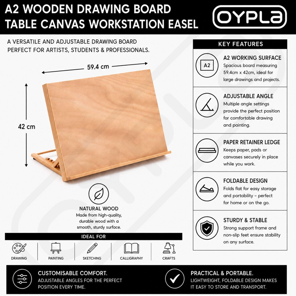 image 1 of A2 Wooden Drawing Board Table Canvas Workstation Sketch Easel | Brown