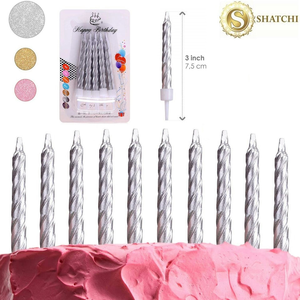 image 1 of 10Pcs Silver Candles - Birthday Cake Topper Silver