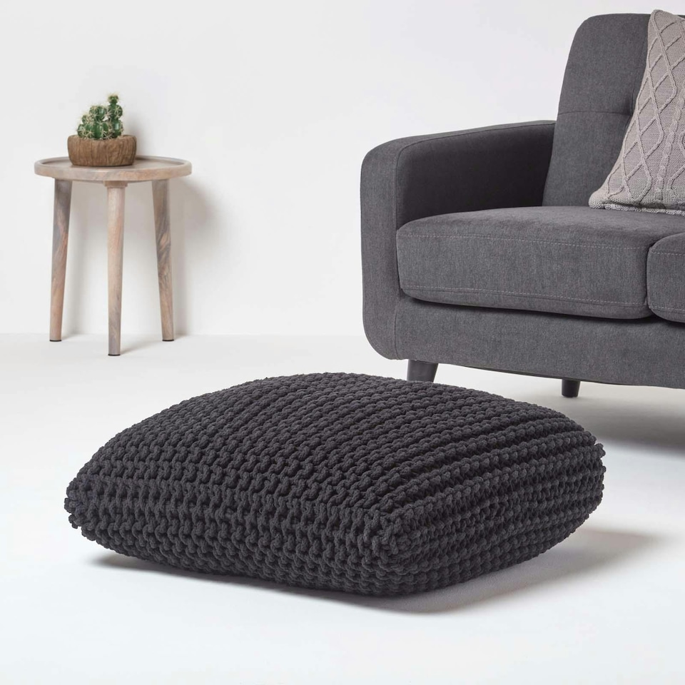 image 1 of Homescapes Black Square Cotton Knitted Pouffe Floor Cushion | Black | 70 x 20 cm