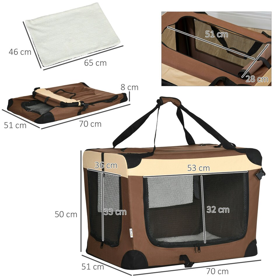 image 1 of PawHut 70cm Foldable Pet Carrier Bag Soft Travel Dog Crate for Small Dogs Brown